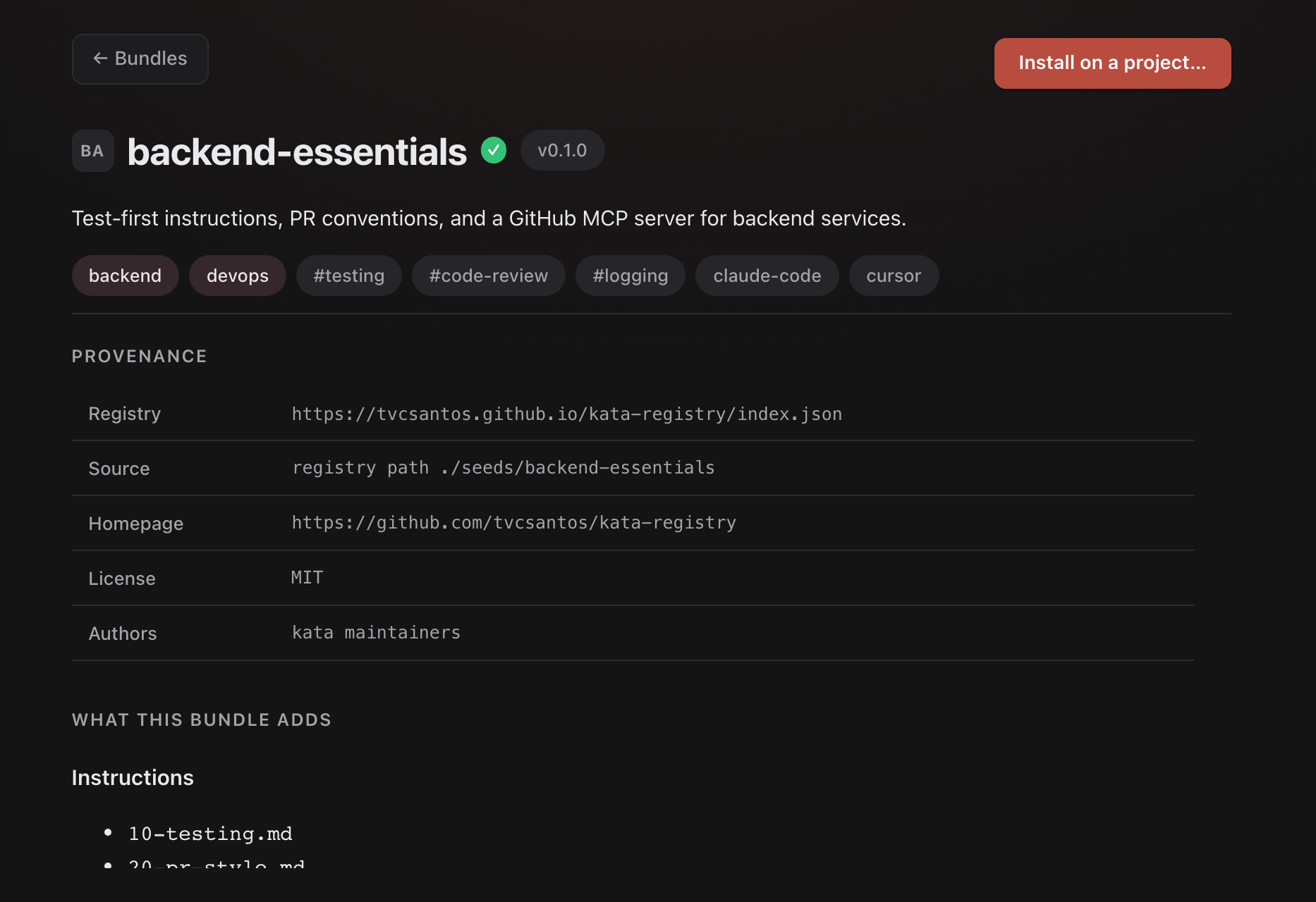 Bundle detail page, dark mode