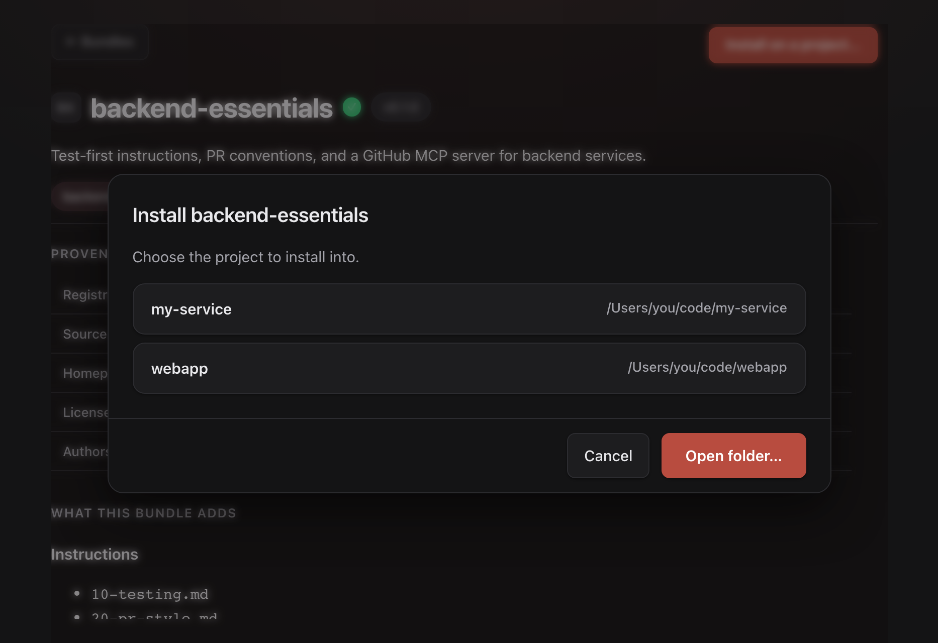Project picker step, dark mode
