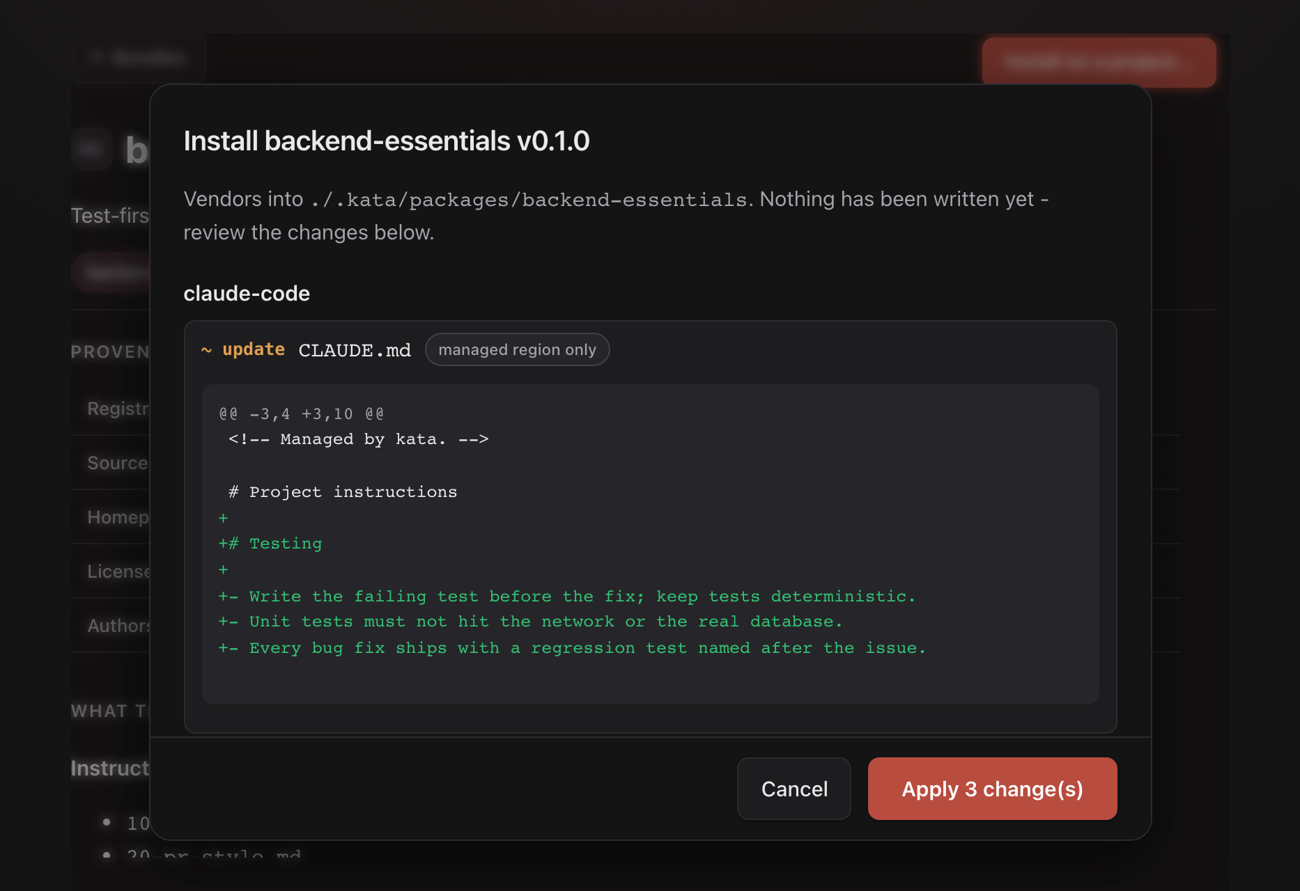 Install diff preview, dark mode