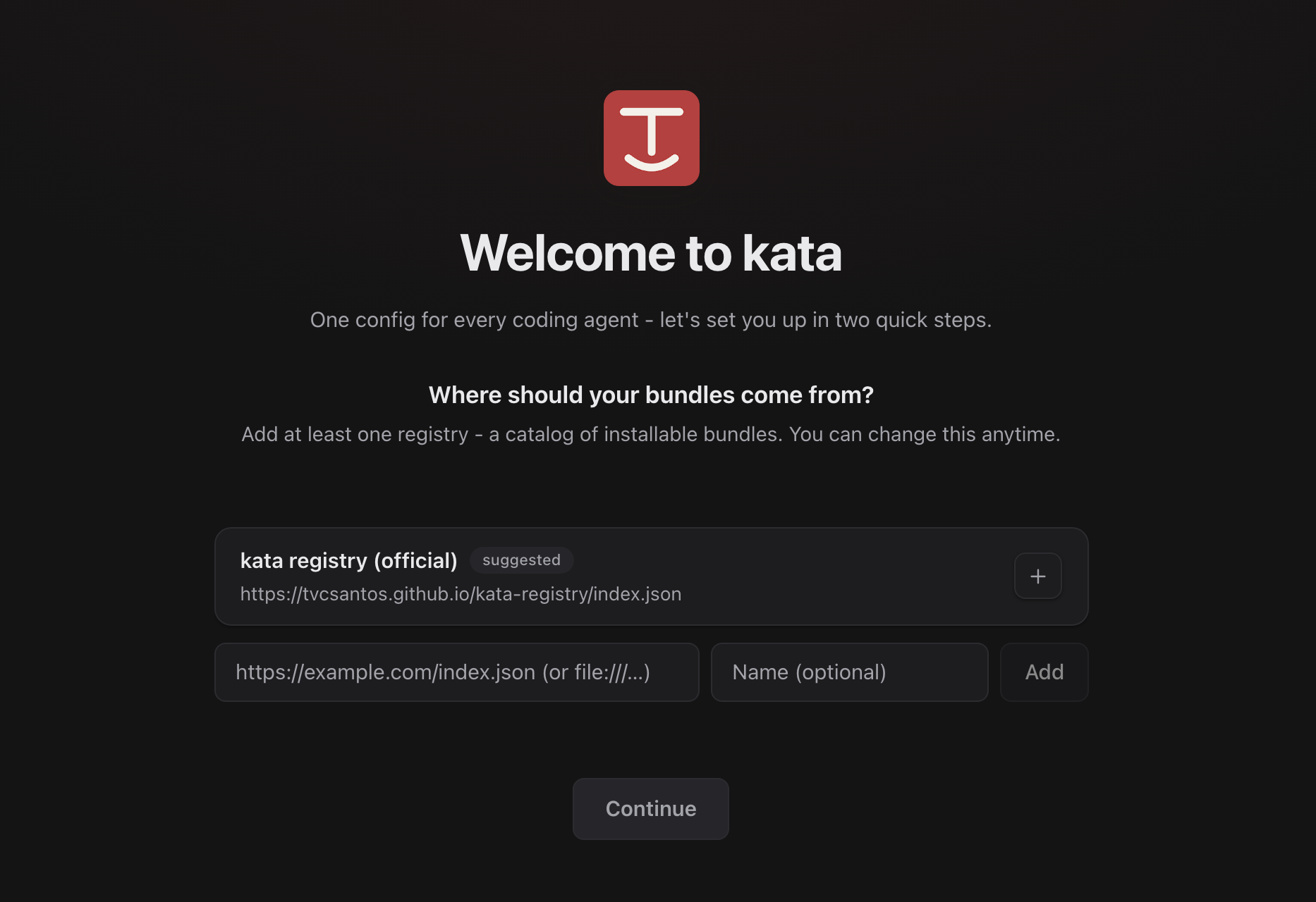 Welcome screen with registry setup, dark mode